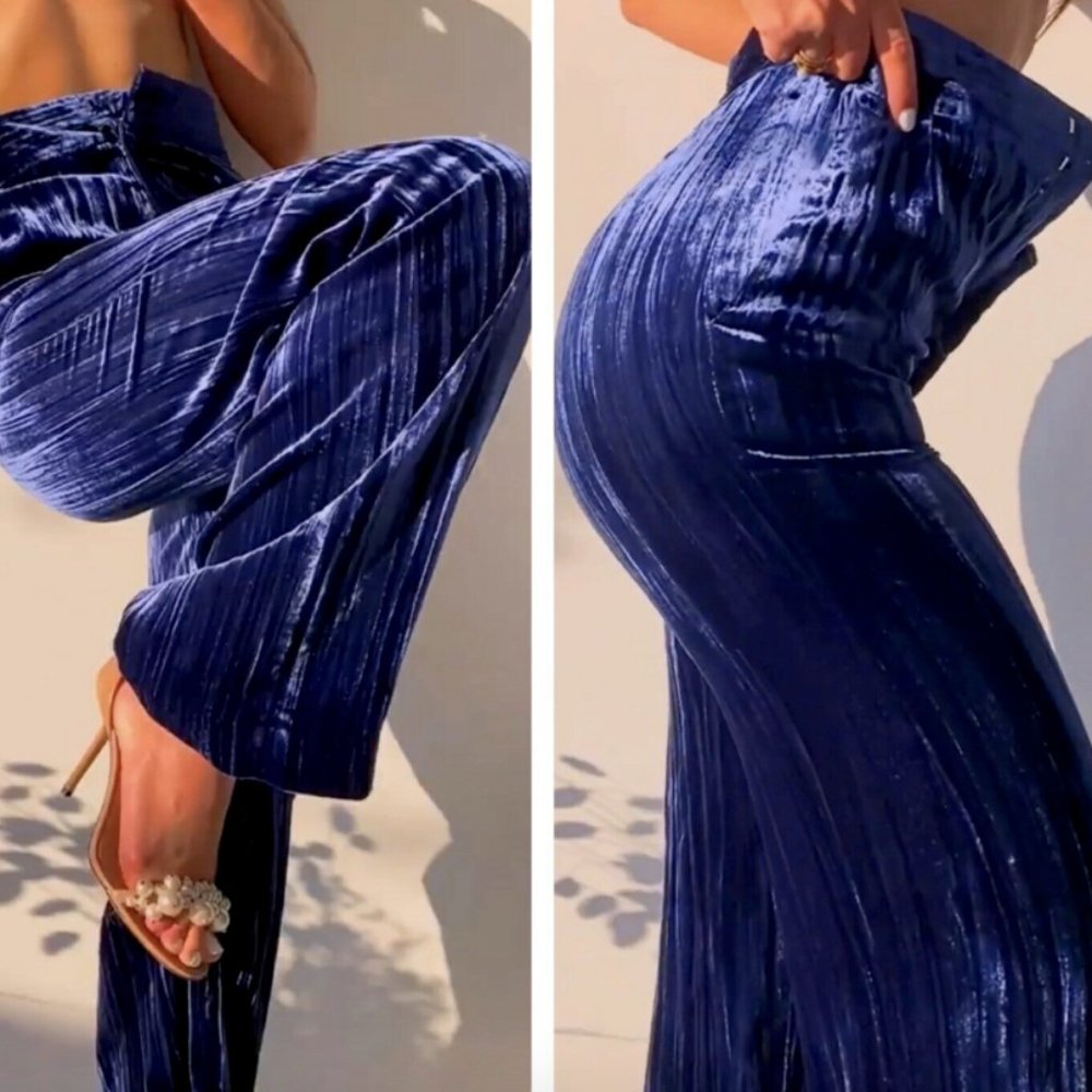 ZARA NEW WOMAN HIGH WAISTED VELVET WIDE LEG TROUSERS PANT BLUE 2761/245 S M L